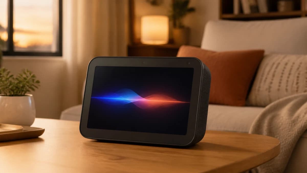 Echo Show 8 Smart-Display auf einem Wohnzimmertisch, im Display ein farbiger KI-Soundwellen-Glow