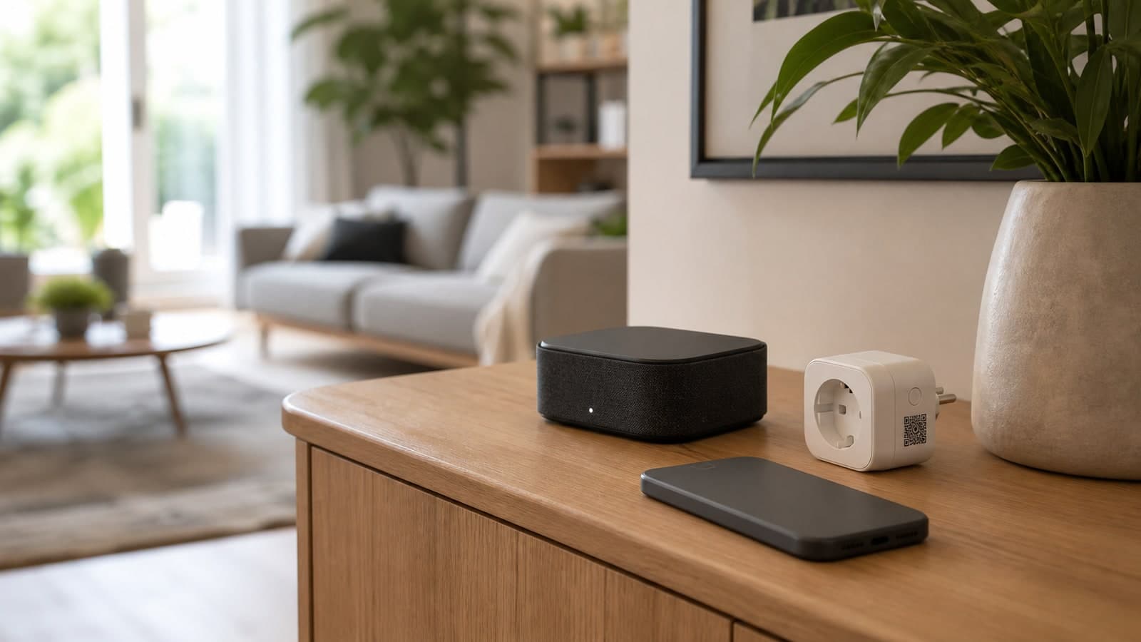 Ungebrandeter Home-Hub, umgedrehtes Smartphone und Matter-fähige Steckdose auf einem Sideboard