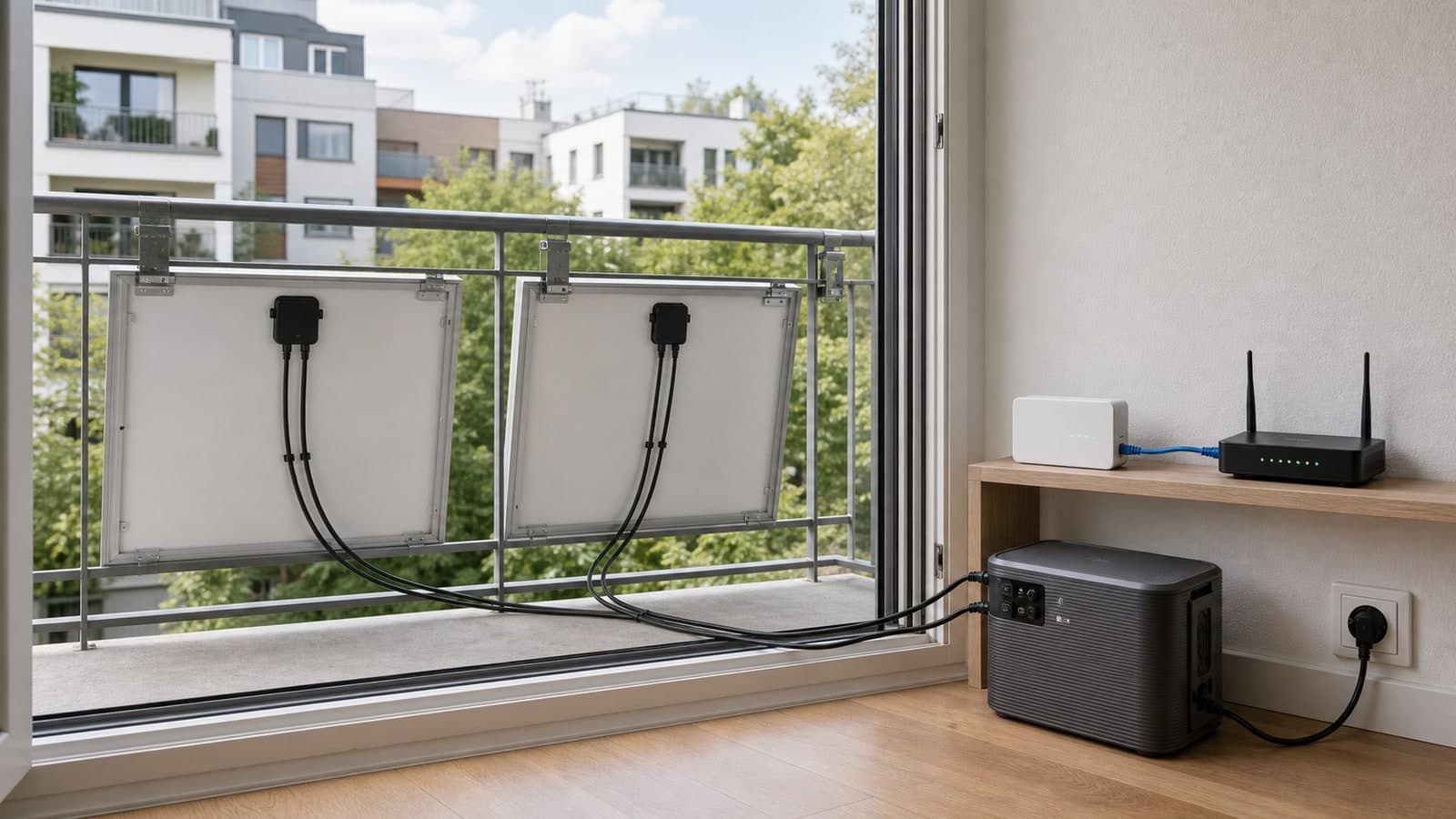 Balkon-PV-Modul am Geländer, kompakter Speicher im Innenraum und lokaler Netzwerk-Dongle