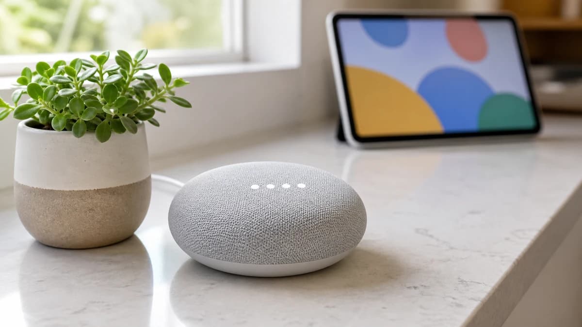 Google Nest Mini Lautsprecher auf einer Küchenarbeitsplatte, im Hintergrund ein Smart-Home-Tablet