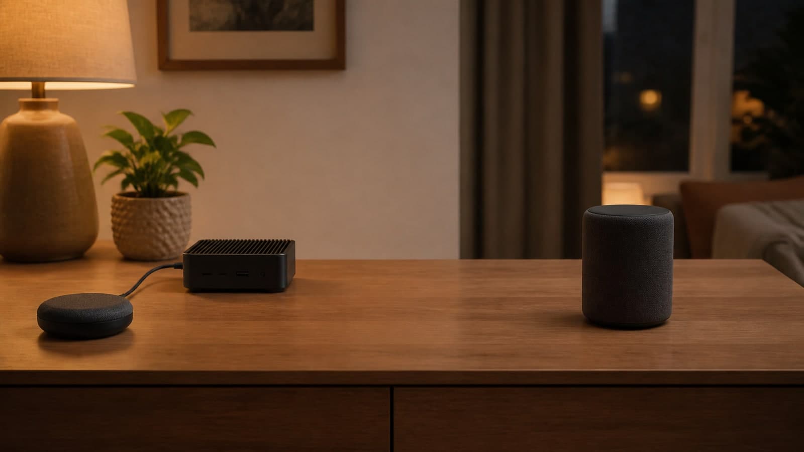 Lokaler Sprachsatellit mit Kabel zum Mini-PC neben einem separaten kabellosen Smart Speaker