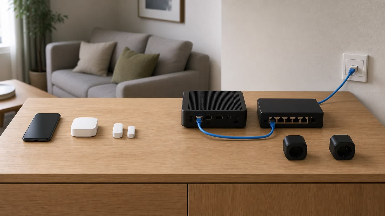 Minimaler Smart-Home-Aufbau mit wenigen Geräten neben einem offenen Aufbau aus Relais, Mini-PC und Ethernet