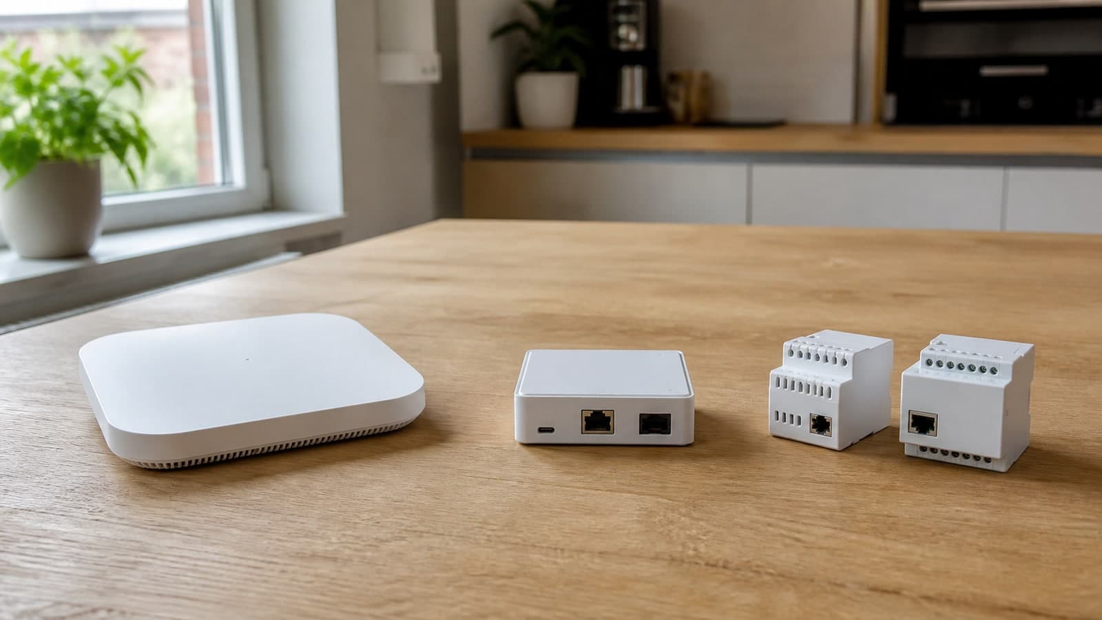 Weiße Access-Point-Zentrale, lokale Ethernet-Zentrale und Relaismodule nebeneinander auf einem Küchentisch