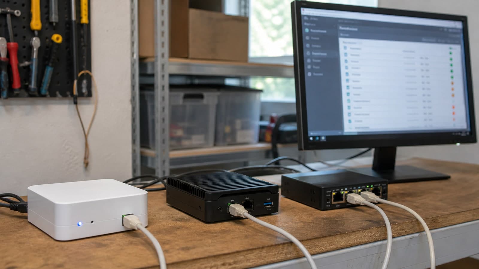Lokale Smart-Home-Zentrale und Mini-PC per Ethernet am selben Switch, dahinter eine generische Adapteransicht