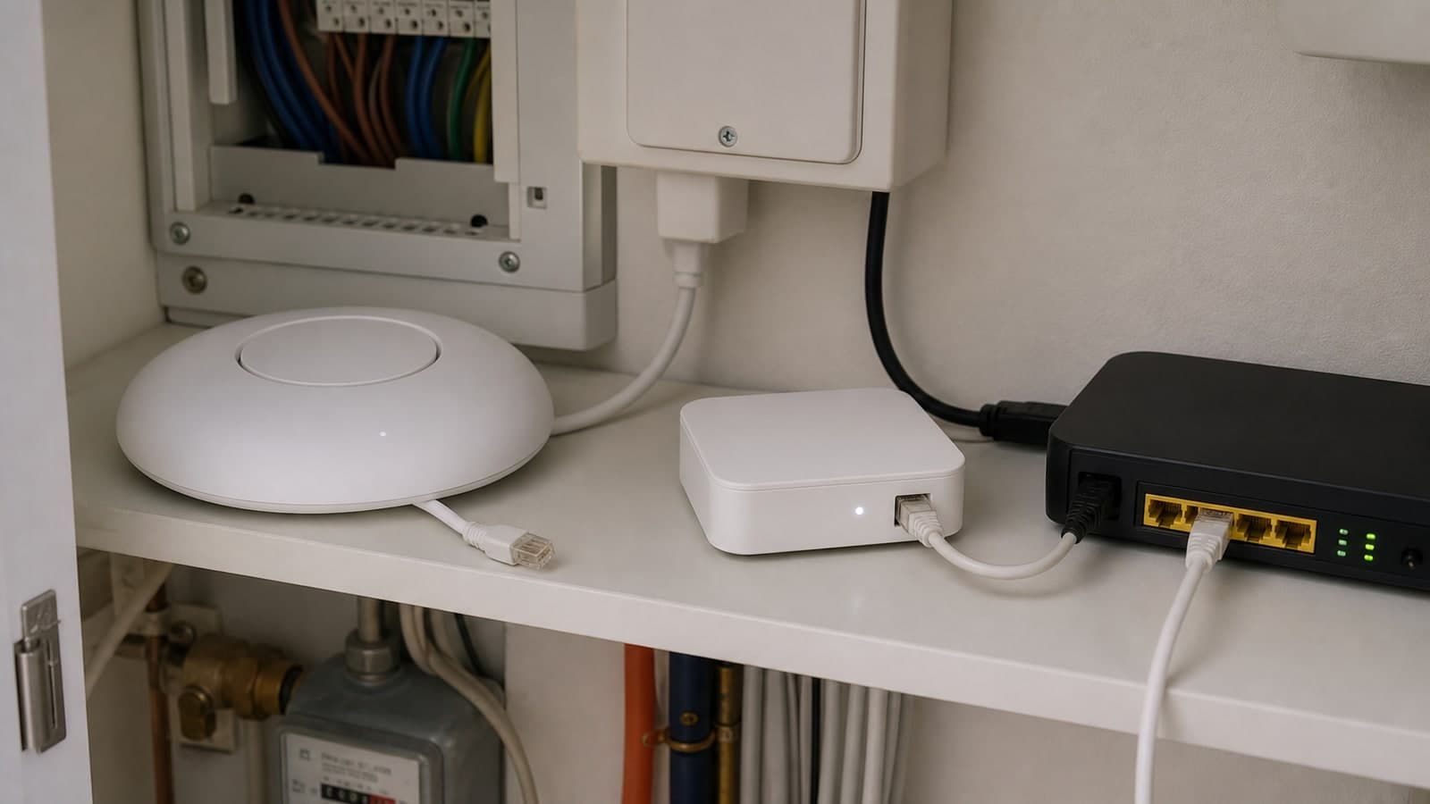 Abgesteckter Access Point neben einer per Ethernet mit dem Router verbundenen lokalen Smart-Home-Zentrale