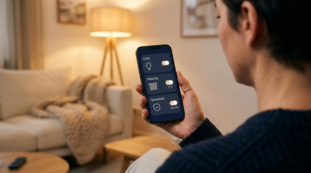 Hand hält ein Smartphone mit Smart-Home-Dashboard in einem warm beleuchteten Wohnzimmer