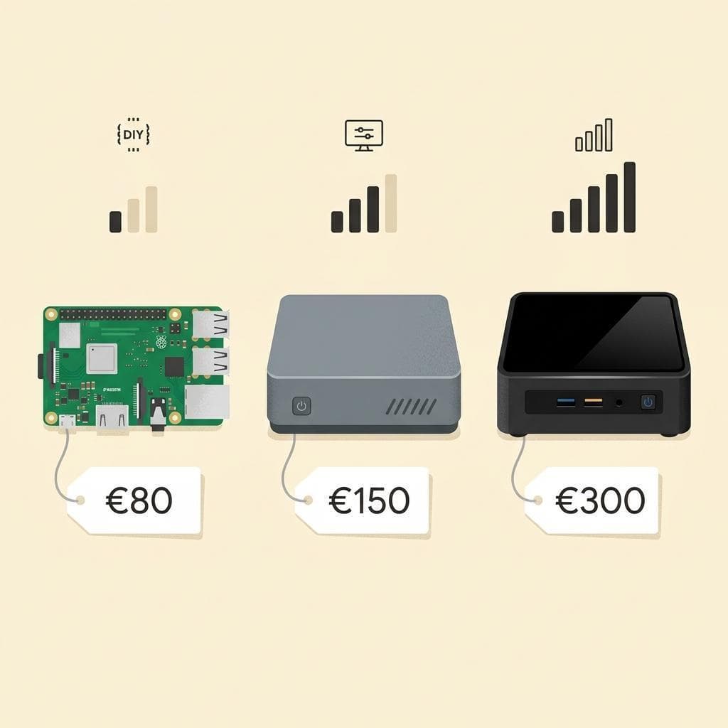 Raspberry Pi 5, Dell Optiplex Micro und Intel NUC nebeneinander auf einem Schreibtisch. LED-Indikatoren leuchten, soft home-office lighting. 16:9 framing.