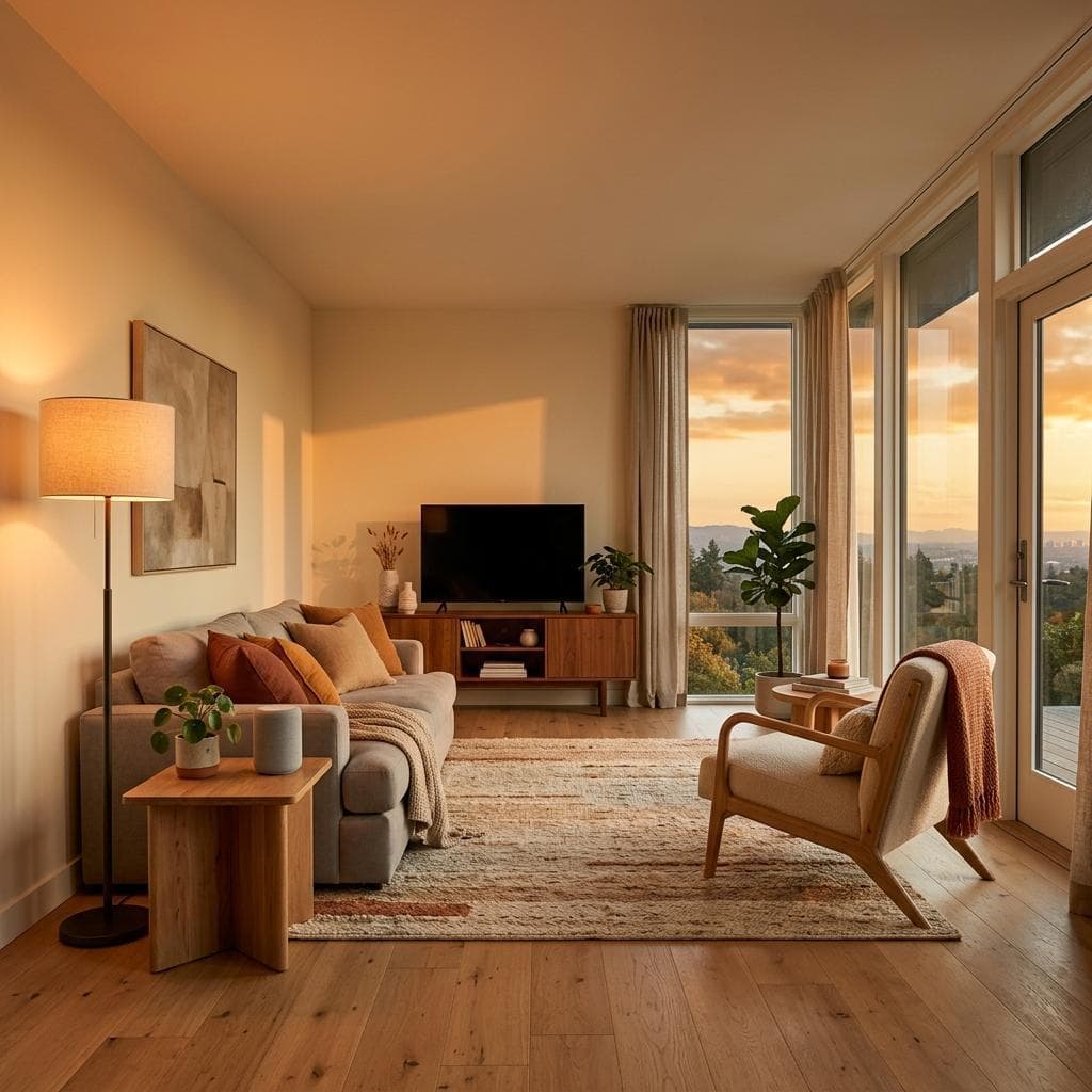 Wohnzimmer bei Sonnenuntergang mit Adaptive Lighting — das Kunstlicht passt sich dem natürlichen Licht an