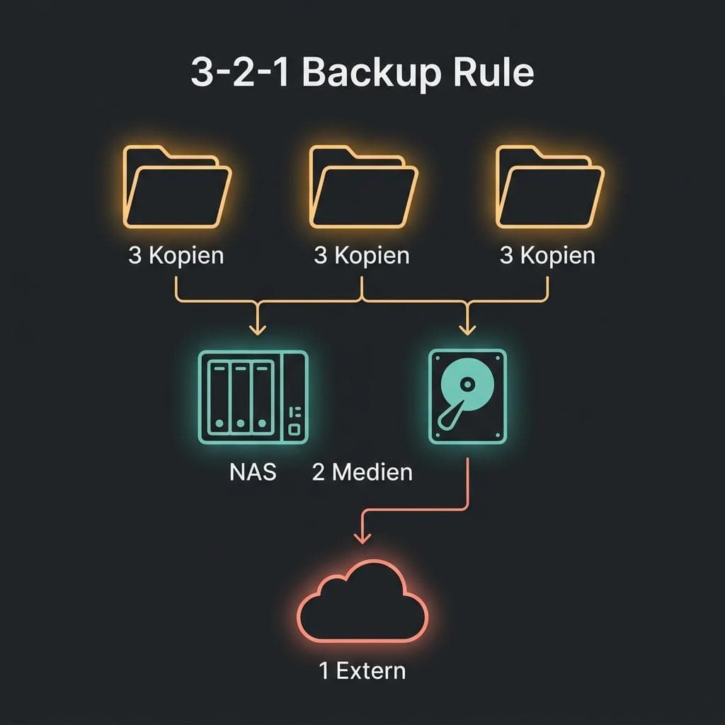 Backup-Strategie Diagramm mit lokalen und externen Kopien