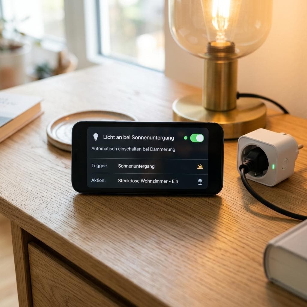 Smartphone mit Automatisierungs-Karte 'Licht an bei Sonnenuntergang', daneben eine eingeschaltete Lampe an einer smarten Steckdose