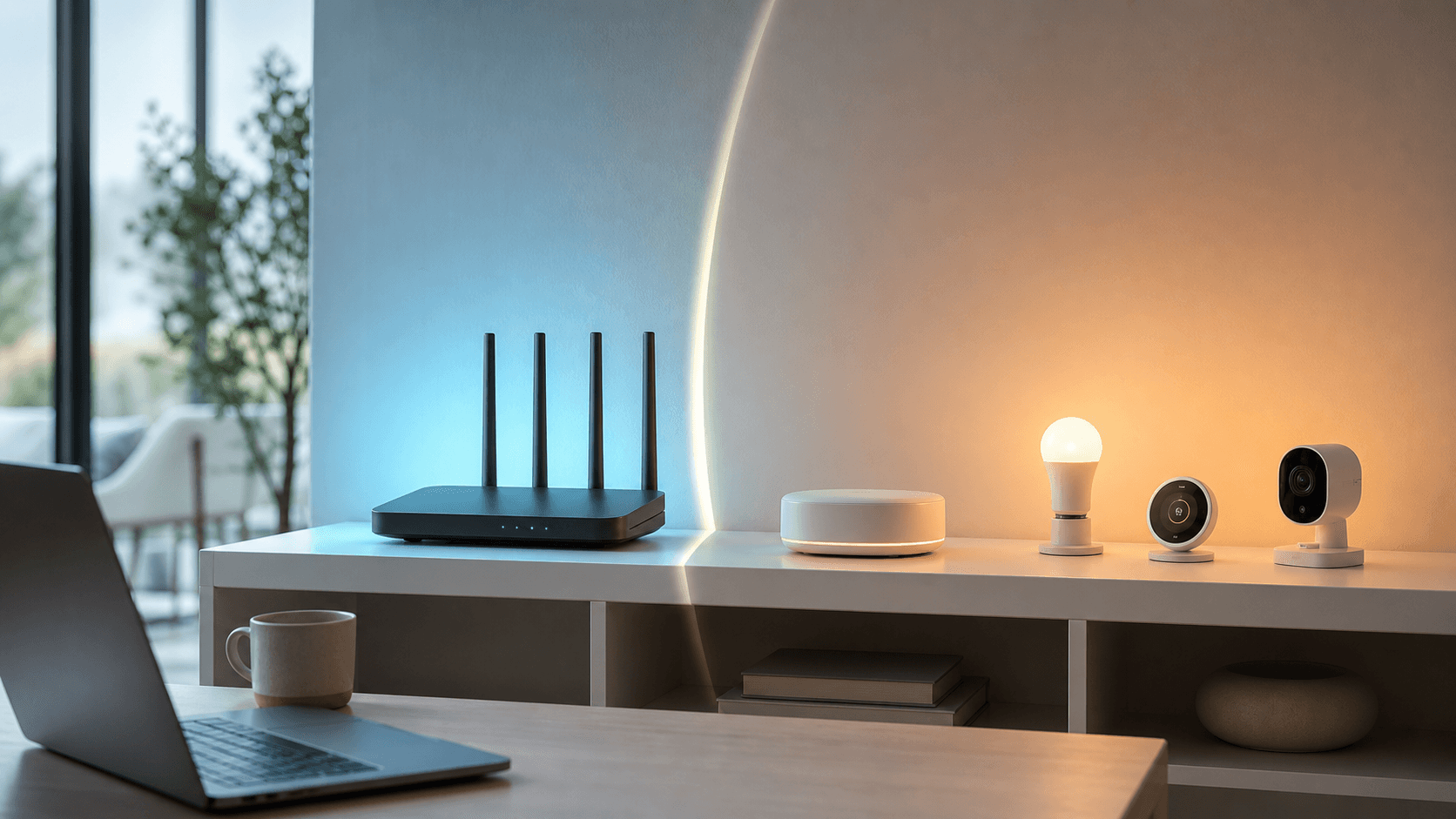 Ubiquiti UniFi Dream Machine neben einem TP-Link Managed Switch auf einem Netzwerk-Rack. Ethernet-Kabel sind eingesteckt, LED-Indikatoren leuchten. 16:9 framing.
