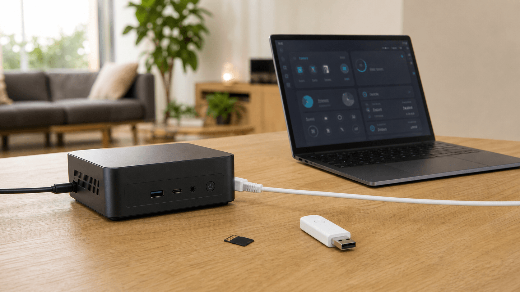 Home Assistant Setup mit Mini-PC, Netzwerkkabel und Zubehör