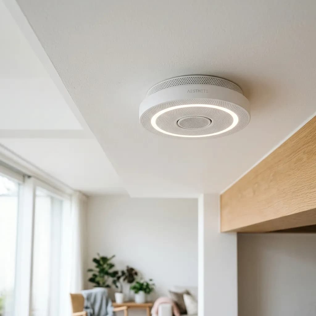 Minimalistischer weißer smarter Rauchmelder an einer modernen Decke mit einer dezenten LED-Statusanzeige
