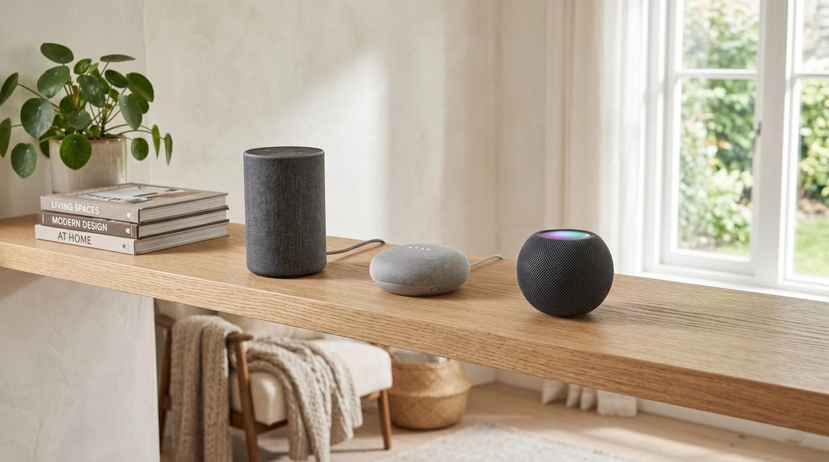 Drei kleine Smart-Speaker nebeneinander auf einem hellen Holzregal