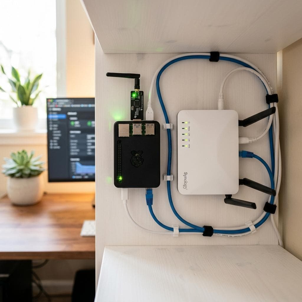 Zigbee-Coordinator-USB-Stick eingesteckt in einen Raspberry Pi auf einem Schreibtisch