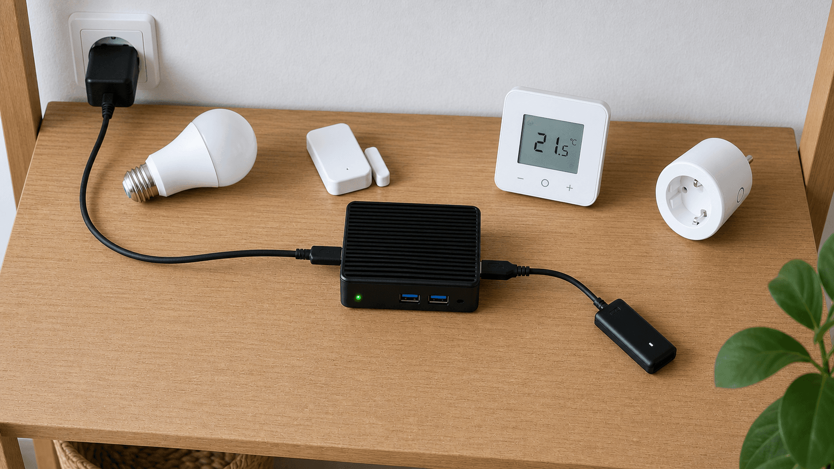 Lokaler Smart-Home-Hub mit Funk-Koordinator neben Router, Tablet und verschiedenen drahtlosen Geräten