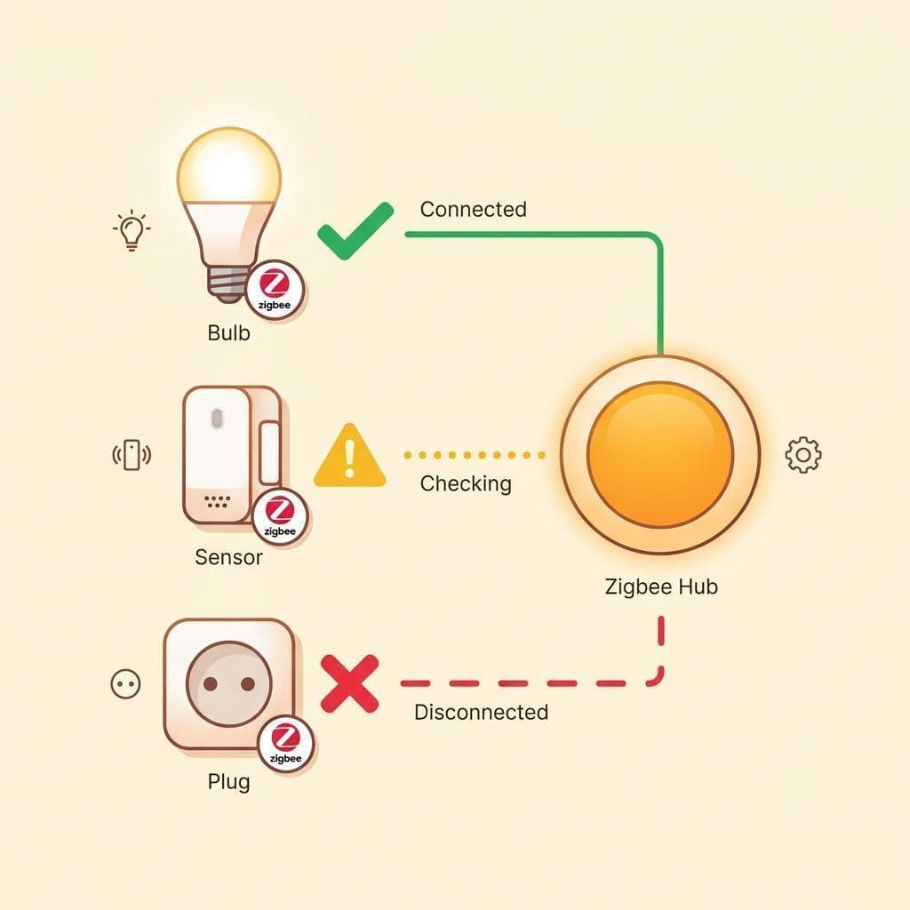 Verschiedene Smart Home Geräte mit Kompatibilitätssymbolen