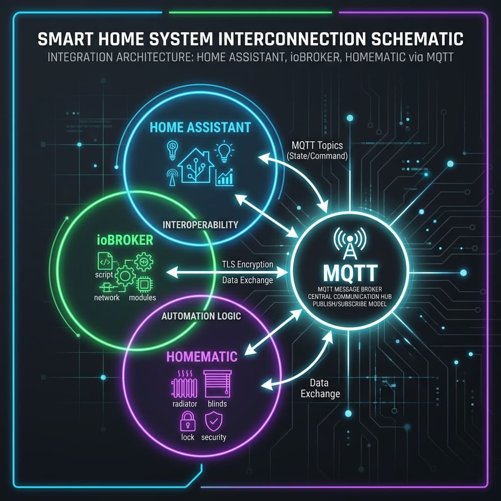 Schematische Darstellung: Home Assistant, ioBroker und HomeMatic verbunden über MQTT