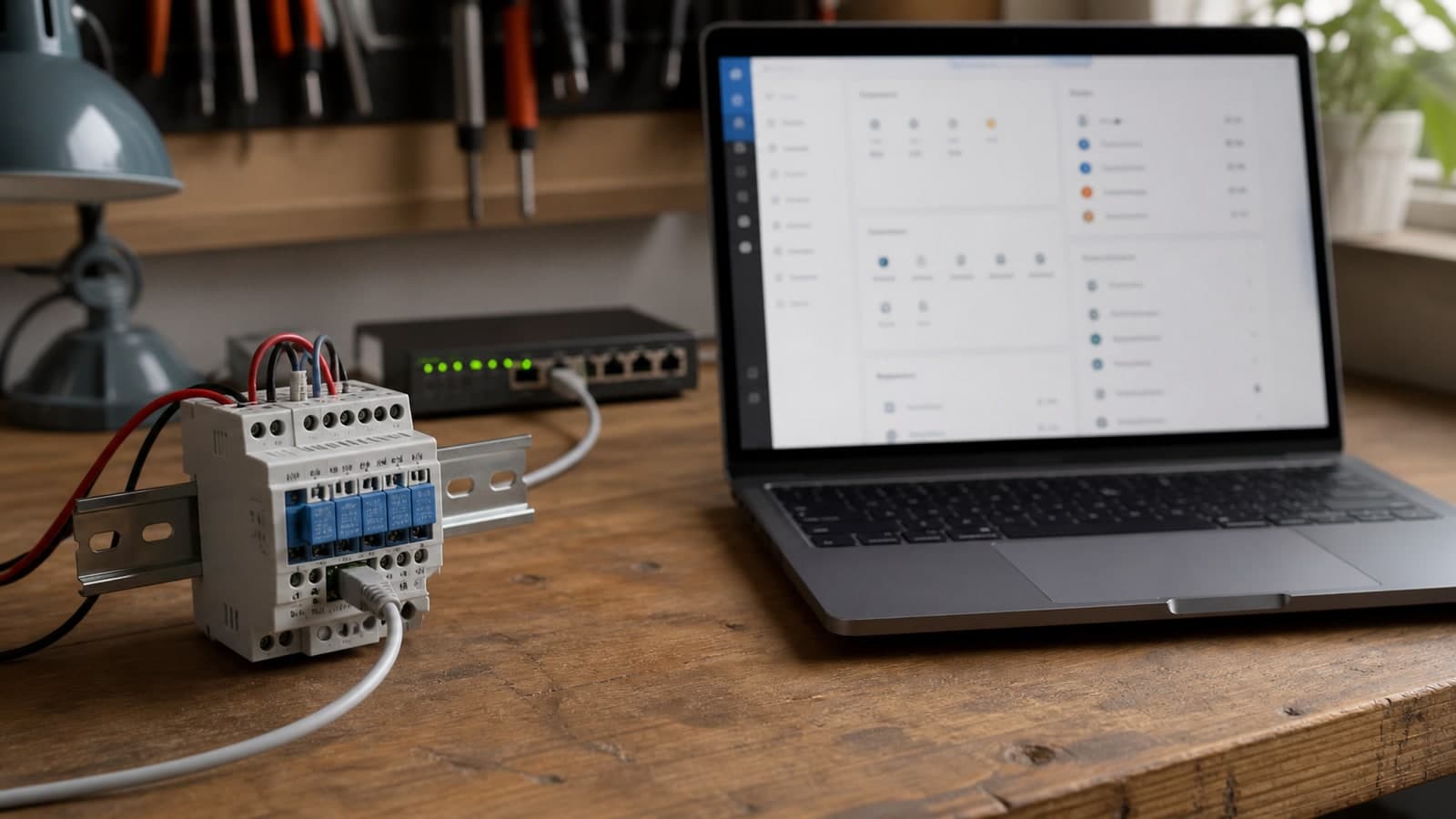 DIN-Schienen-Relais auf einer Werkbank neben Laptop und lokalem Netzwerk-Switch