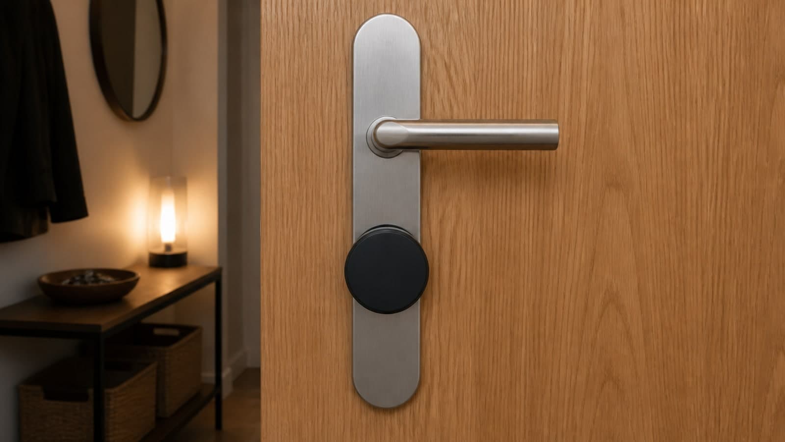 Nachrüstbares smartes Türschloss auf der Innenseite einer warmen Holztür, daneben Wohnungsschlüssel in einer Schale