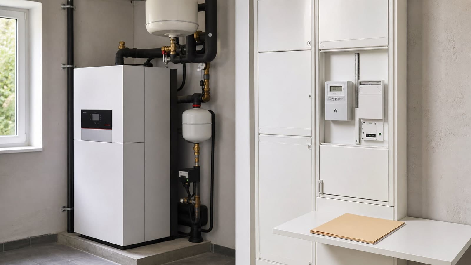 Wärmepumpen-Inneneinheit neben modernem Stromzählerfeld und einem neutralen Förderordner