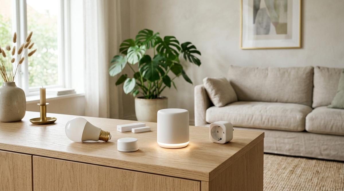 Kleiner weißer Smart-Home-Hub auf einem Sideboard, daneben Sensor, smarte Lampe und Steckdose