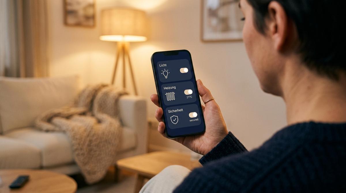 Hand hält ein Smartphone mit Smart-Home-Dashboard in einem warm beleuchteten Wohnzimmer