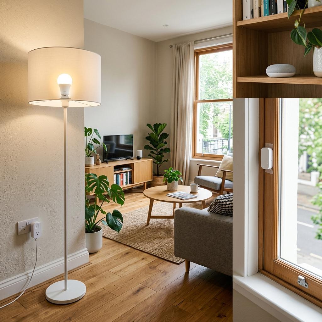 Mietwohnung mit Plug-and-Play-Smart-Home-Geräten: Steckdose, Lampe, Lautsprecher und Fenstersensor