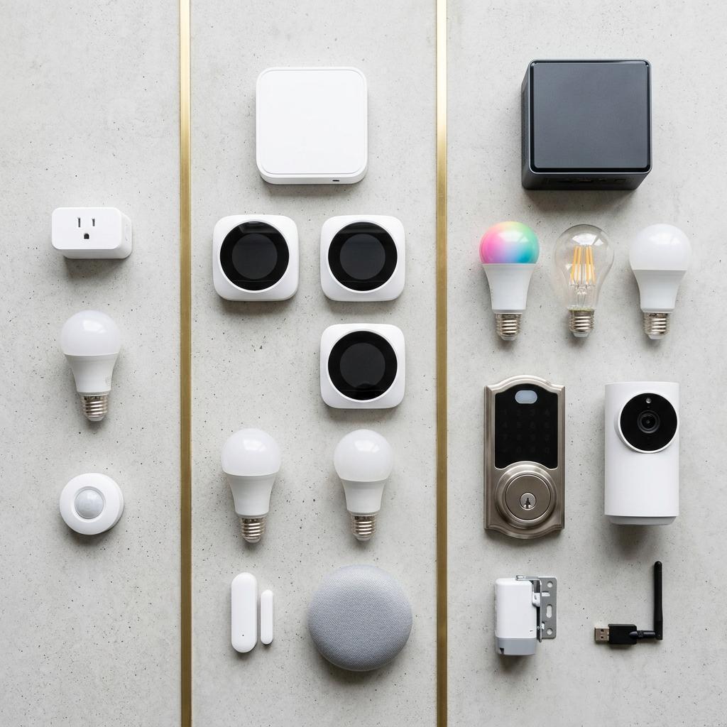 Drei Preisklassen eines Smart Home als Flatlay: Budget, Grundsystem und Premium