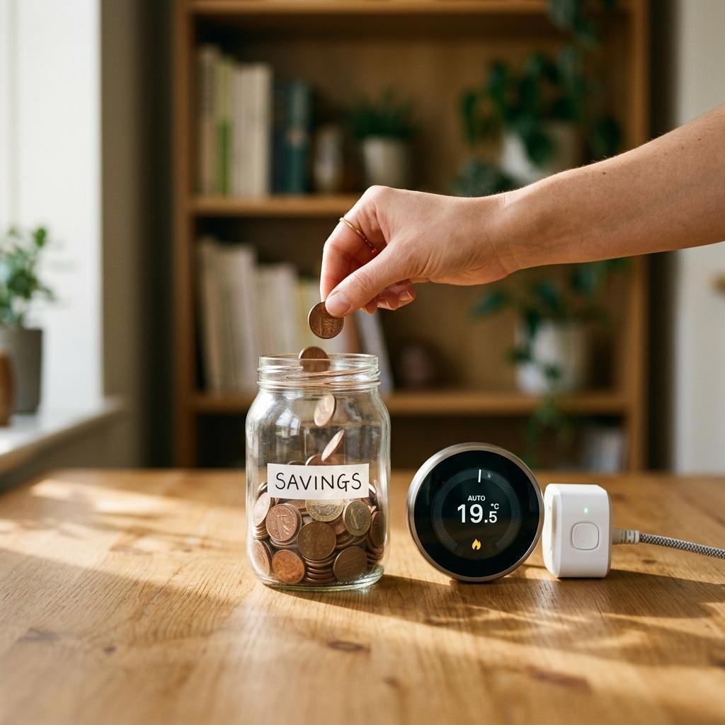 Glas mit Münzen neben einem smarten Thermostat und einer Steckdose — Symbol für Energieersparnis