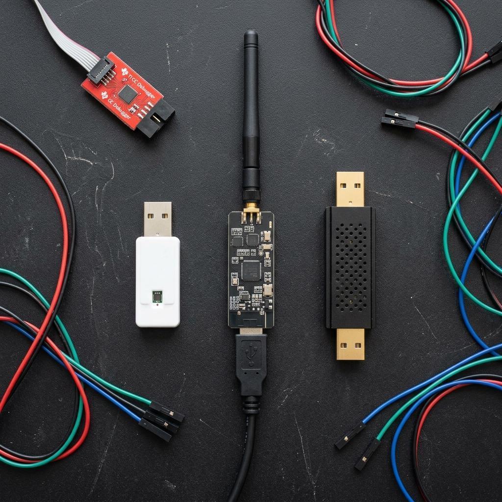 CC2538-USB-Stick mit Antenne neben einem CC2531 und Sonoff Zigbee-Dongle
