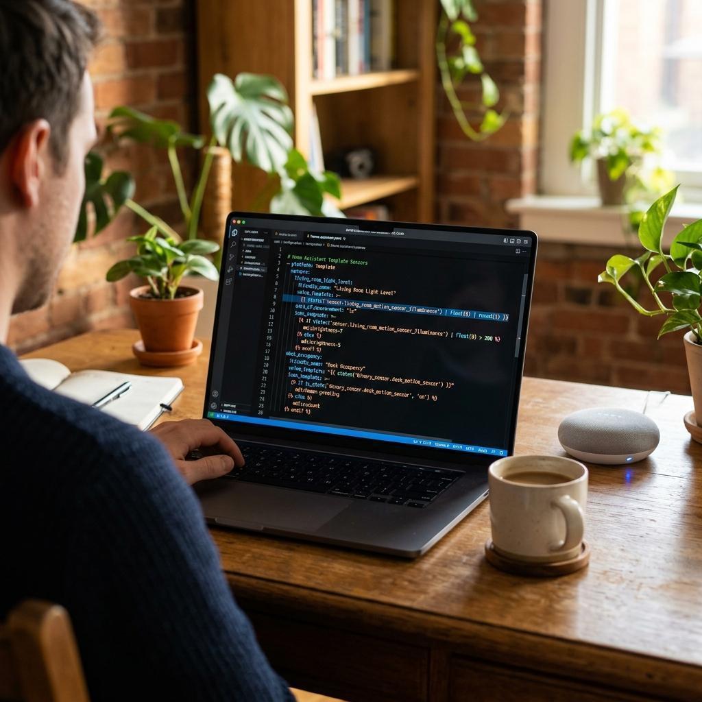 Laptop-Bildschirm mit YAML-Editor, in dem ein Jinja2-Template-Sensor definiert wird