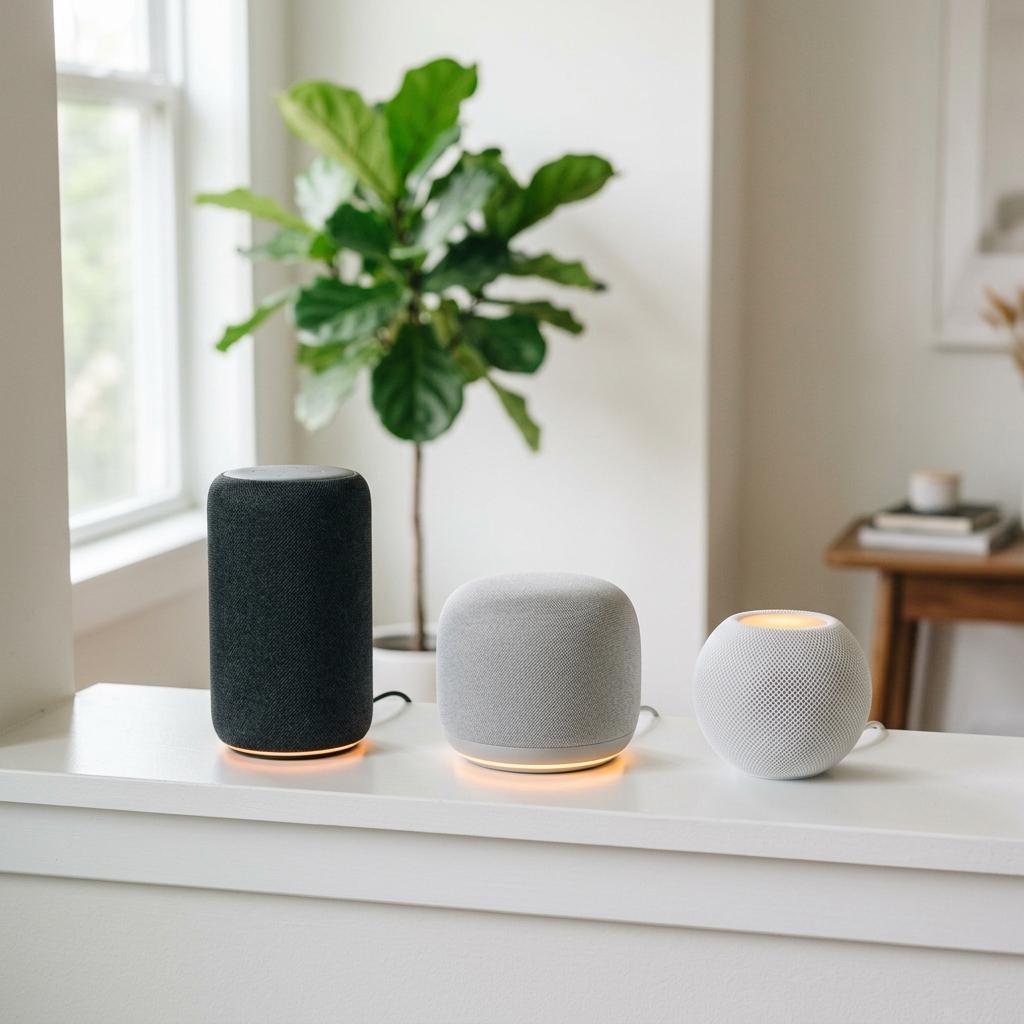 Drei smarte Lautsprecher nebeneinander auf einem Regal — symbolisch für Alexa, Google und Siri