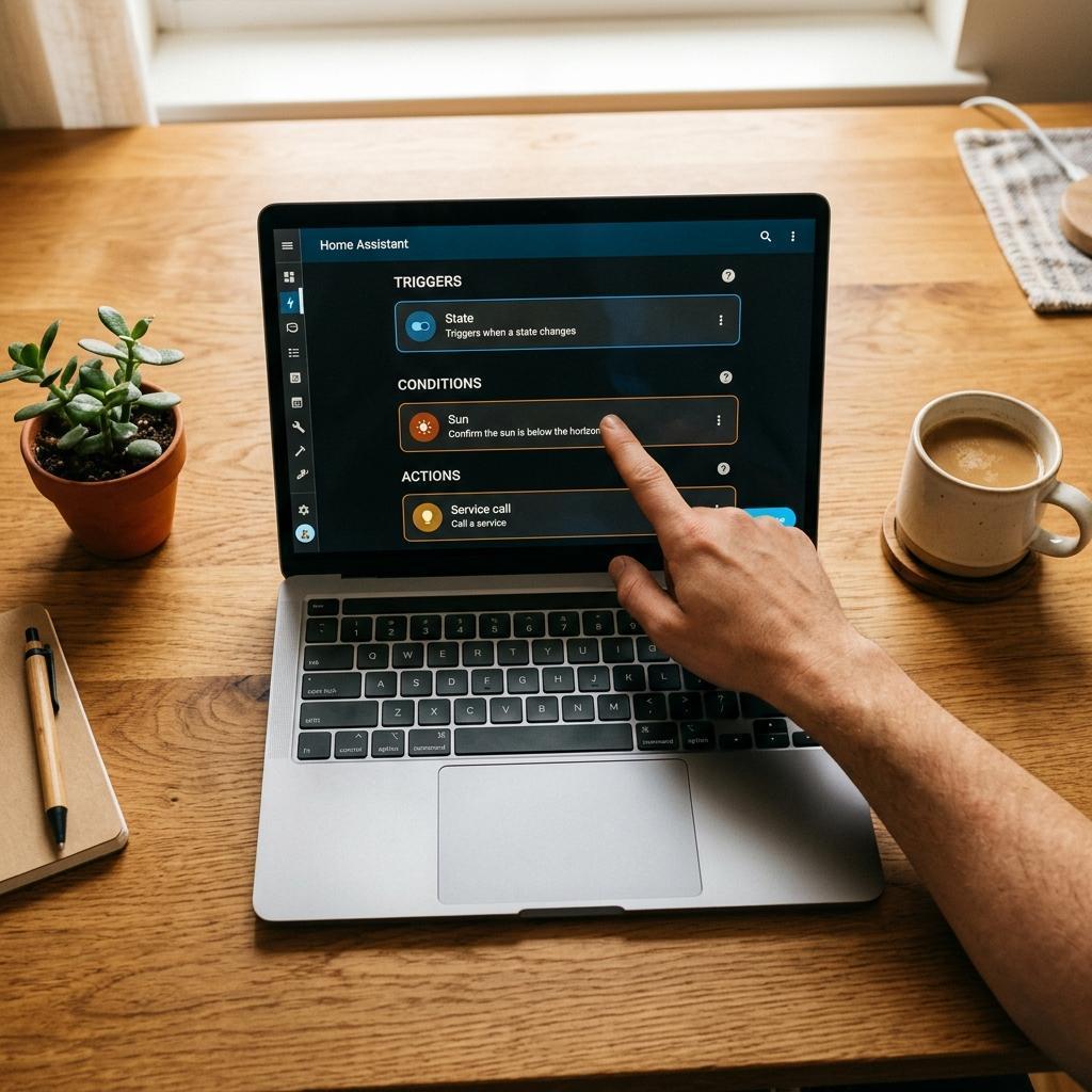 Laptop-Bildschirm mit Home Assistant Automatisierungs-Editor: Trigger, Conditions und Aktionen