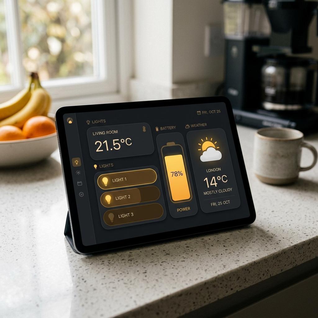 Tablet auf Küchentheke mit aufgeräumtem Smart-Home-Dashboard