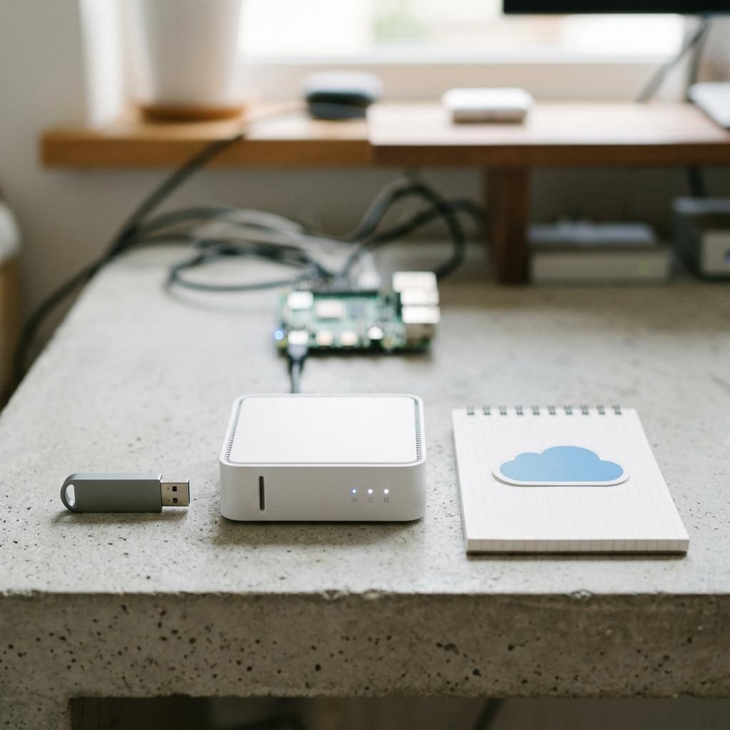 USB-Stick, NAS-Gerät und Cloud-Symbol auf heller Betonfläche — die drei Speicherorte der 3-2-1-Regel