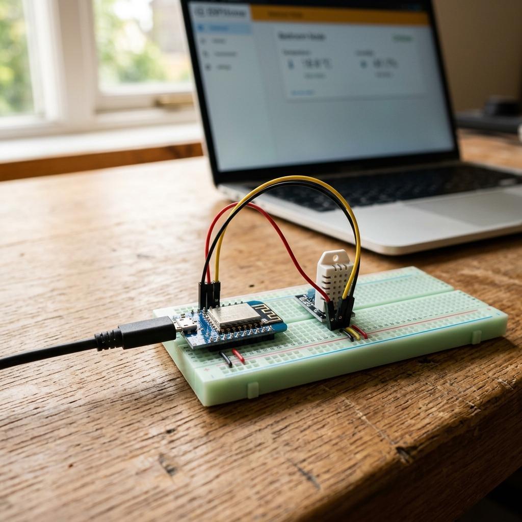 Breadboard mit ESP8266 Wemos D1 Mini und angeschlossenem DHT22-Sensor auf Holzwerkbank