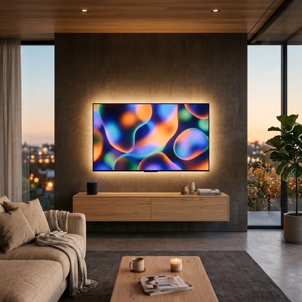 Moderner Smart-TV an einer Betonwand mit warmem LED-Hintergrundlicht im minimalistischen Wohnzimmer