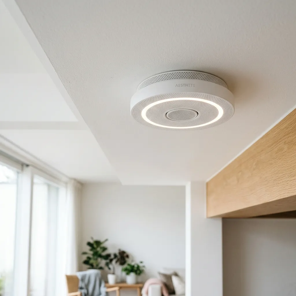 Minimalistischer weißer smarter Rauchmelder an einer modernen Decke mit einer dezenten LED-Statusanzeige