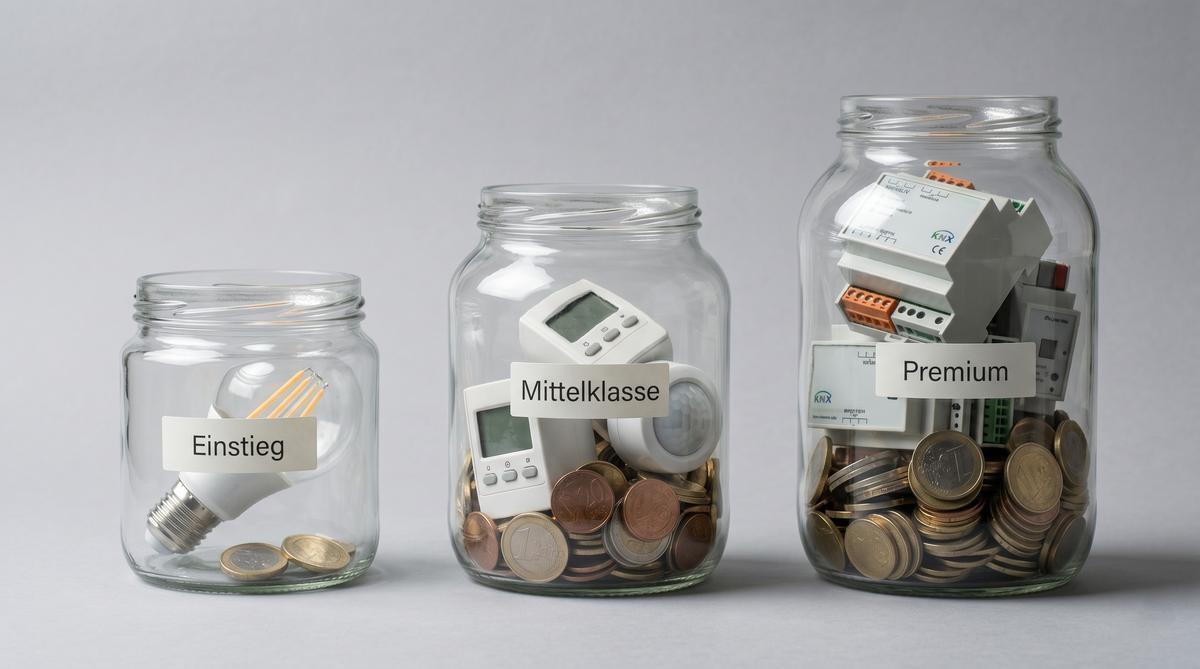 Drei Glasgefäße in steigender Größe als Symbol für Einstiegs-, Mittelklasse- und Premium-Budget