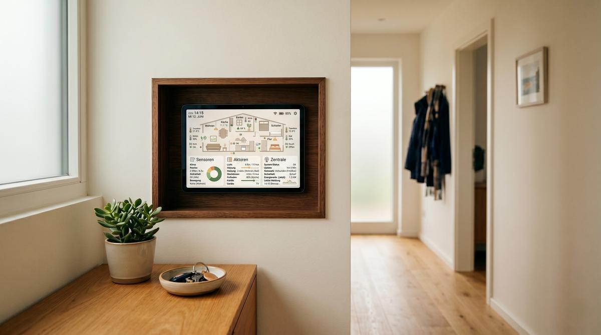 In die Wand eingelassenes Tablet zeigt einen Hausplan mit den drei Bereichen Sensoren, Aktoren und Zentrale