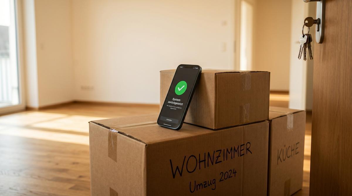 Smartphone auf einem Umzugskarton zeigt die Status-Meldung „Alle Lichter aus · Heizung gesenkt · Schönen Tag!“