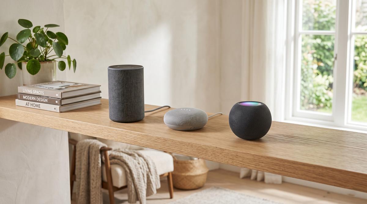 Drei kleine Smart-Speaker nebeneinander auf einem hellen Holzregal