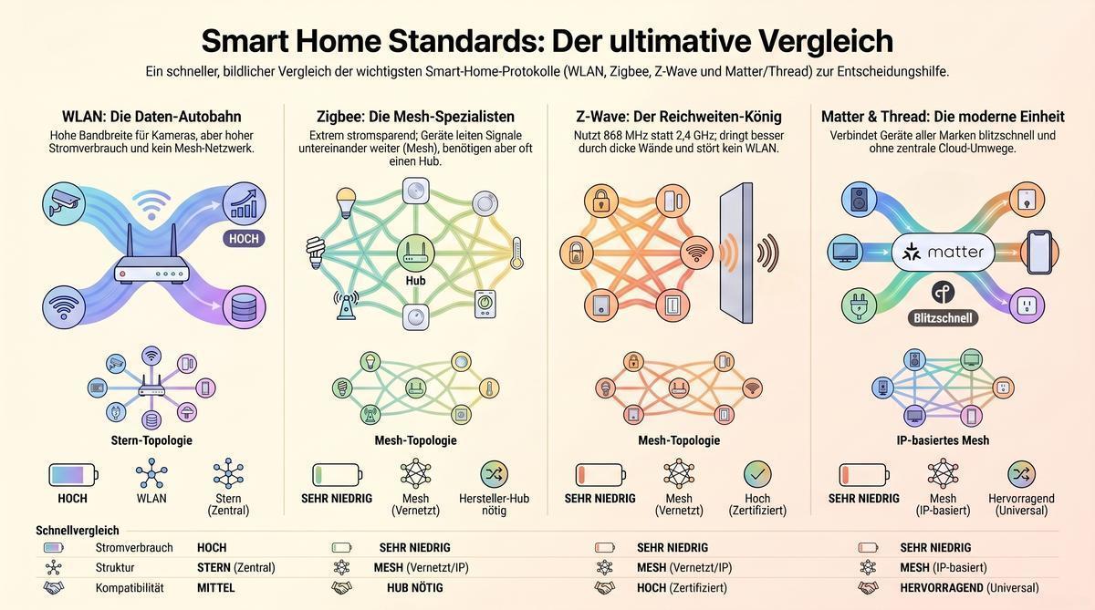 Vier kleine Diagramme nebeneinander zeigen, wie Zigbee, Z-Wave, Matter/Thread und WLAN ihre Geräte verbinden