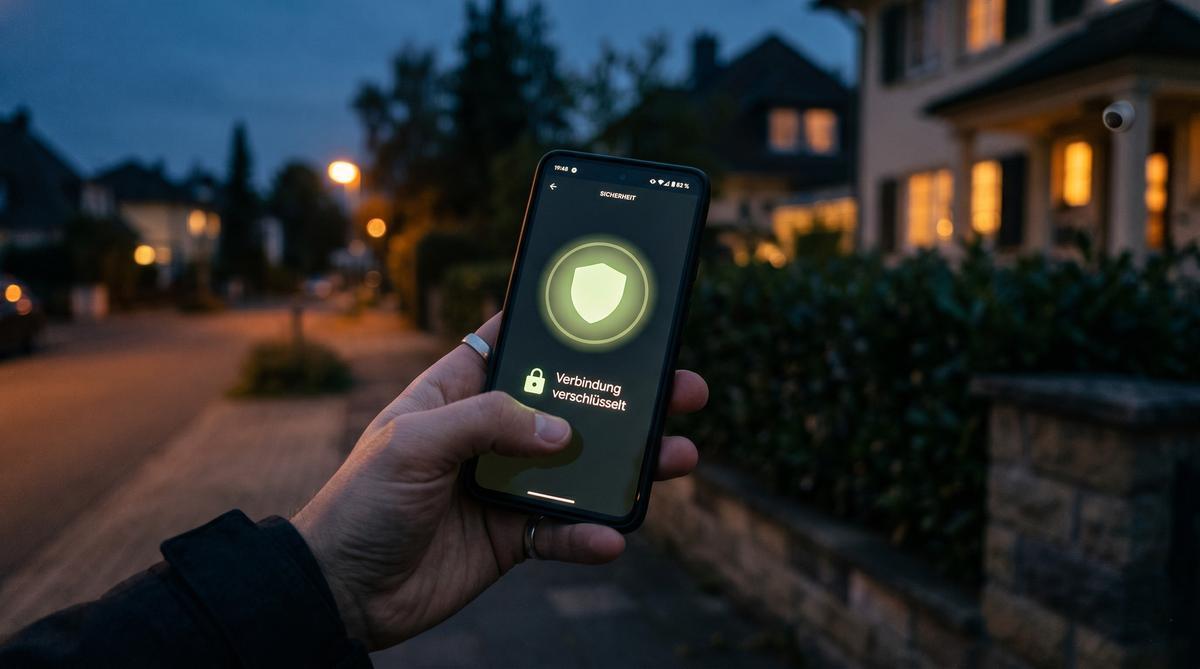 Smartphone mit grünem Schild, Schloss-Symbol und Status „Verbindung verschlüsselt“ vor einem Vorgarten in der Dämmerung
